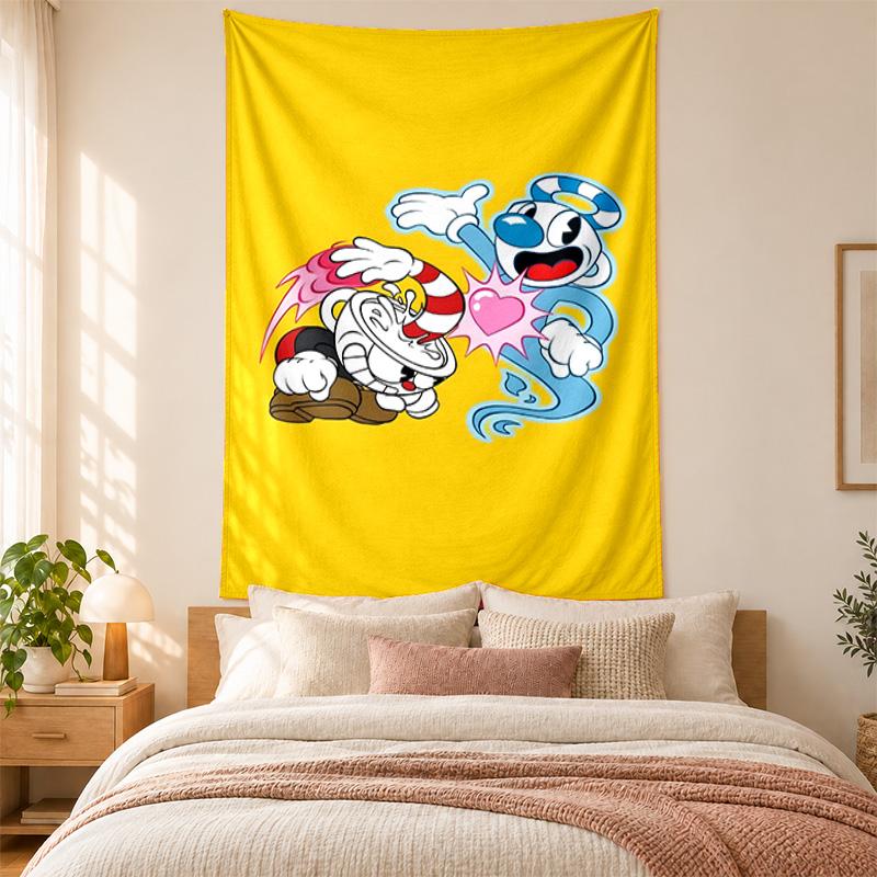 Tapiserie Cuphead de înaltă calitate pentru decorarea pereților din sufragerie, dormitor, cămin, ideală ca artă murală pentru dormitor sau cadou de sărbători