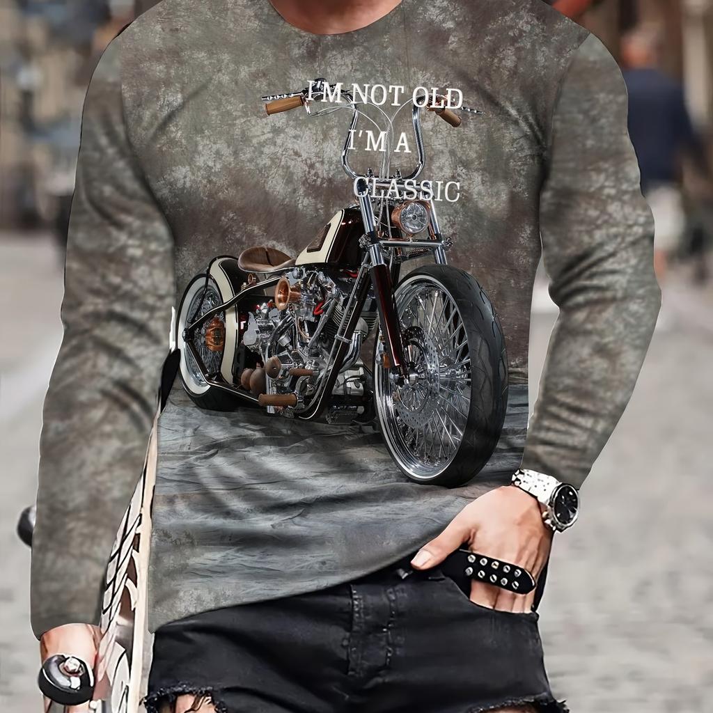 Men Classic Motorcycle Printed Long Sleeve Tee Soft Breathable Autumn Top