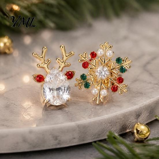 Fashion Christmas Jewelry 1 Pair Stud Earrings, Sparkling Faux Crystal Elk Antlers Snowflake Earrings And Colorful Rhinestone Holiday Gifts for Women