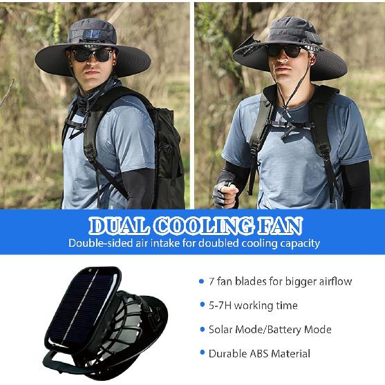 Solar Fan Hat, Wide Brim Sun Hat with 2 Solar Fan, Hat with Solar Fans Built in, Fishing Hat with Fan for Men, Waterproof Outdoor Hiking