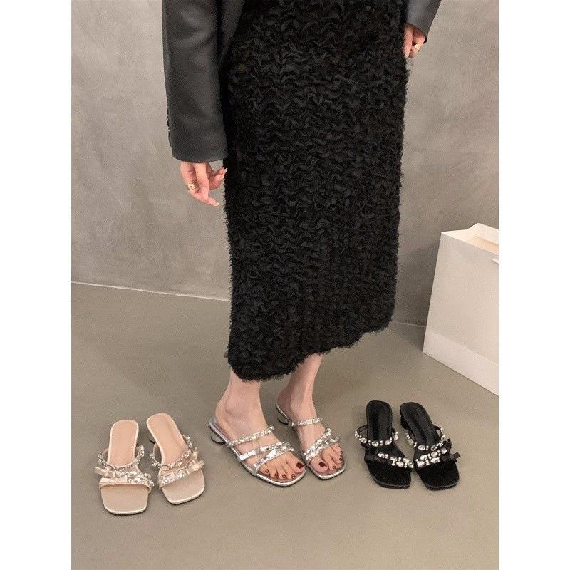 Temperament silver French small cool slippers fairy shoes fashion wear 2025 new summer thick heel rhinestone sandals