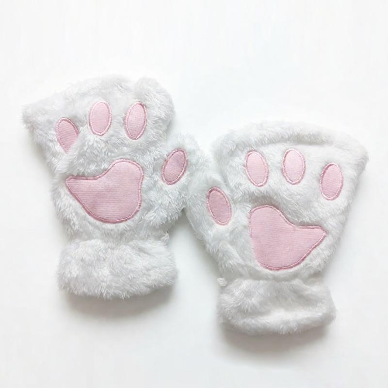 Korean Style Women's Half-Finger Plush Gloves with Embroidered Bear and Cat Paw Design