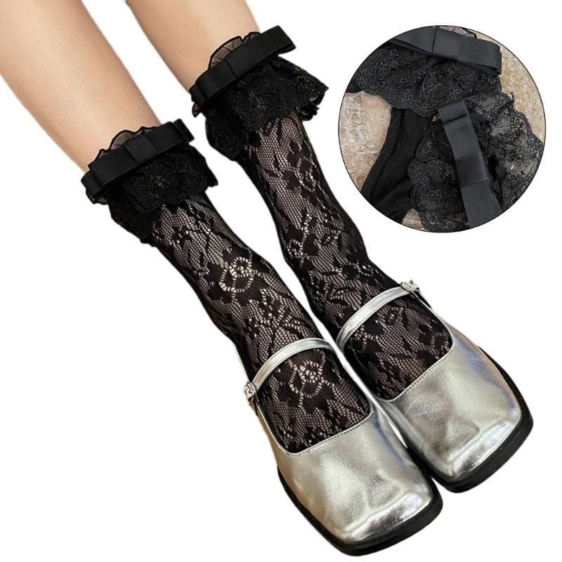 Women Japanese Style JK Girl Flower Lace Ruffle Frilly Ankle Socks Sweet Bowknot Elegant Student Middle Tube Dress Socks