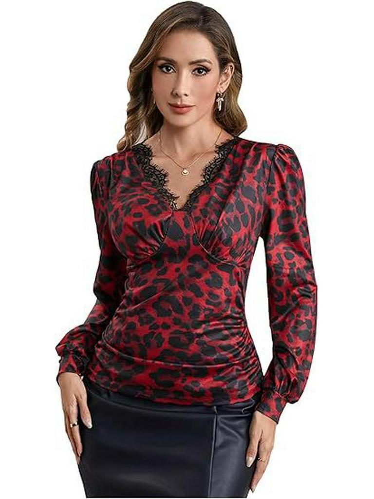 Women's 2025 Leopard Print V-neck Slim-fit Long-sleeved Lace Trim Top
