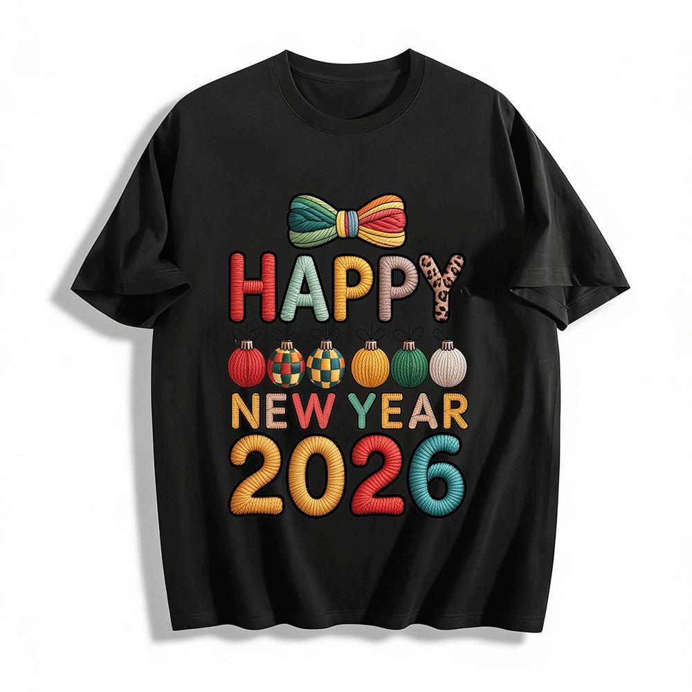 2026 Happy New Year Embroidered Style Graphic Casual Top Pure cotton T-shirt XXS