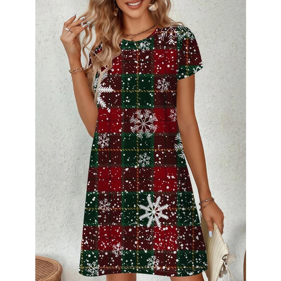 Women's Christmas Pajama Dress Short Sleeve Dress Costume with Reindeer Snowflake Tree Print Y2k Ladies Clothes Female Clothing