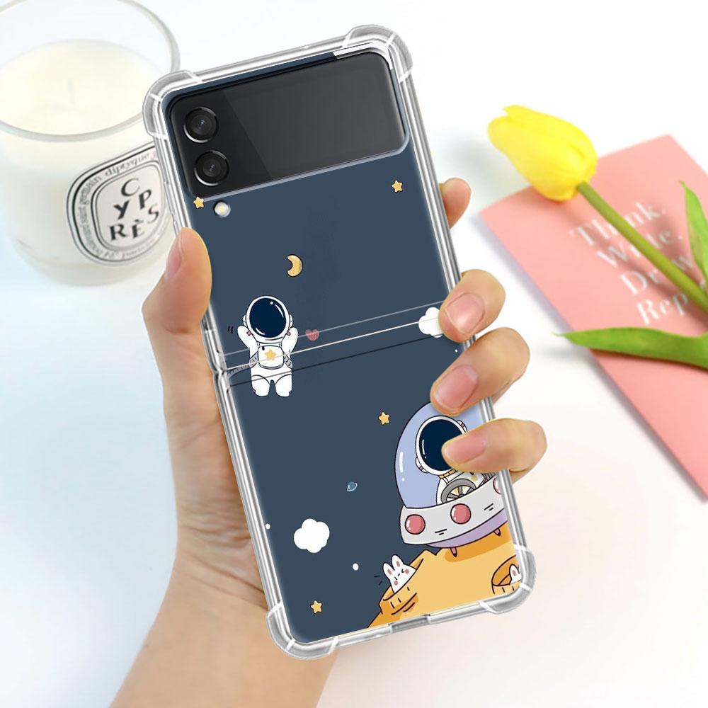Luxury Case For Samsung Galaxy Z Flip 3 4 5G Funda Z Flip3 Clear PC Hard Shockproof Back Phone Coque Shell Astronaut Universe