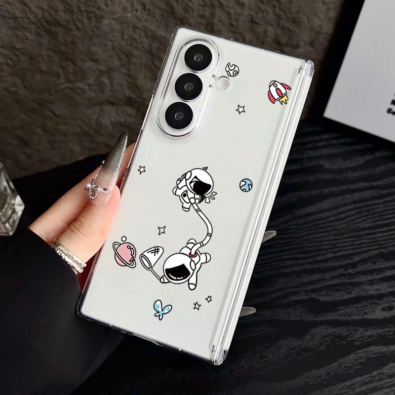 Magnetic Adsorption Phone Case For Samsung Galaxy Z Fold 7 6 5 Fold7 Fold6 Fold5 5G Cute Astronaut Print Clear Shockproof Cover