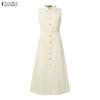 ZANZEA Women Casual Turn Down Collar Summer Sleeveless Long Dress