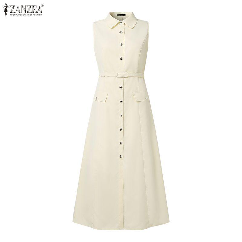 ZANZEA Women Casual Turn Down Collar Summer Sleeveless Long Dress