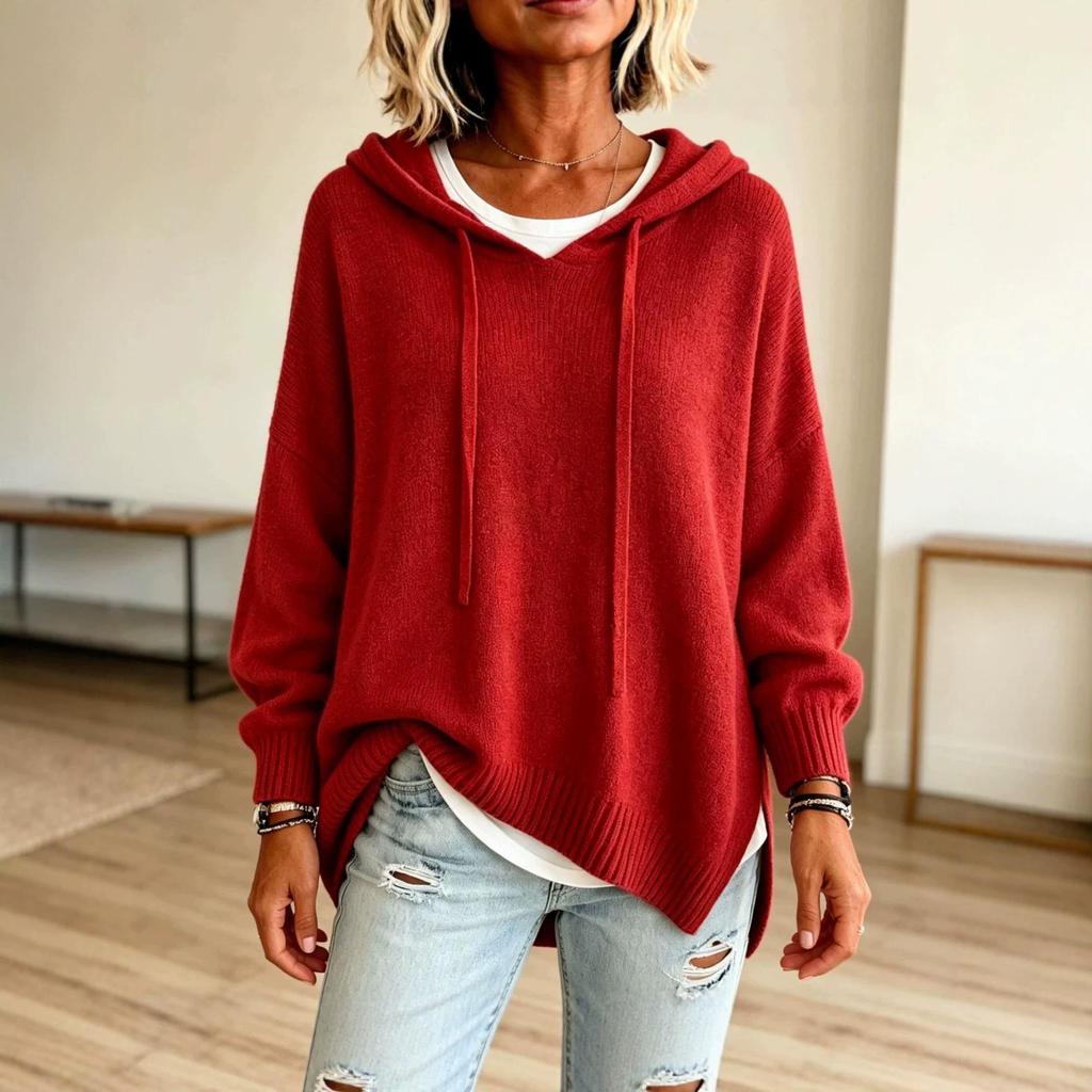 2026 Women's European & American Knit Hooded Drawstring Long Sleeve Loose Sweater Outerwear