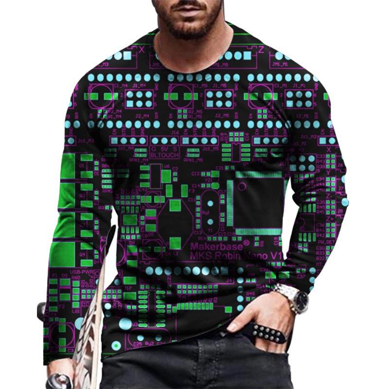 Maglietta da Uomo a Maniche Lunghe Autunno Nuovo Motivo Chip Elettronico 3D T-Shirt Casual Taglia Grande 6XL Maschile Hip Hop Street Top Versatili