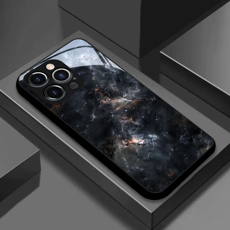 Galactic Nebula Pattern Tempered Glass Black Phone Case For Samsung Galaxy S23 S24 S25 S26 Ultra Plus FE Shockproof Cover