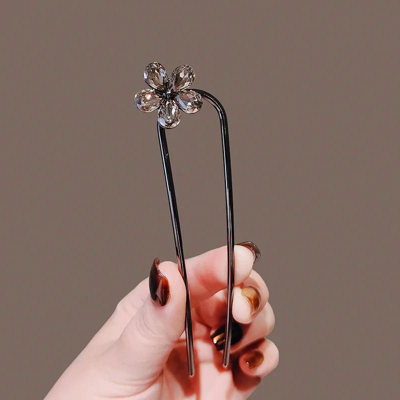 Elegant Rhinestone Flower U-Shaped Hairpin for Women, Simple Black Color Hair Sticks, Summer Hair Accessories