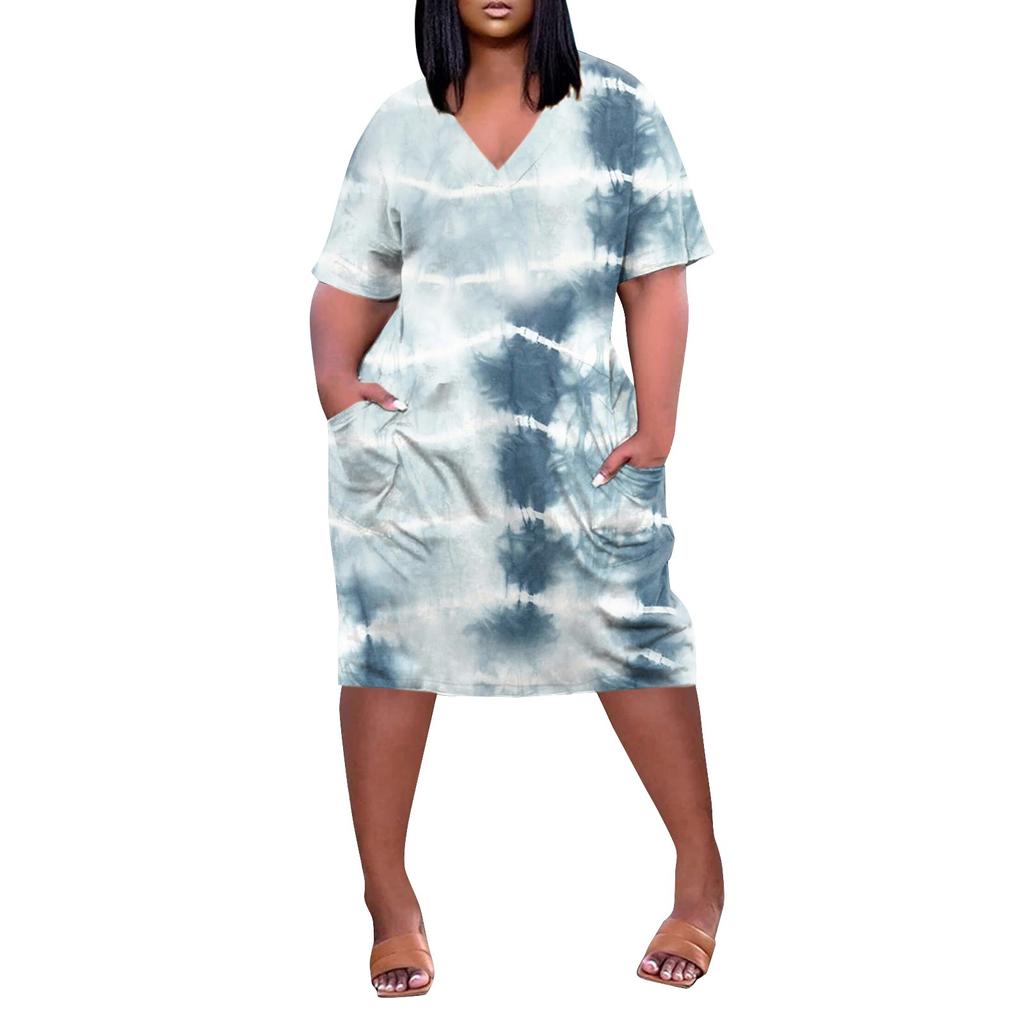 Women's Summer Plus Size V-neck Short Sleeve Print Knee Pocket Casual Dress