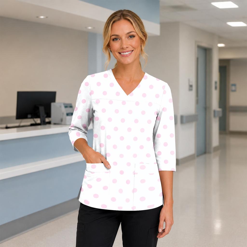 Women's Floral Print V-Neck Scrub Top with Pockets, Three-Quarter Sleeves, Side Split for Nurses