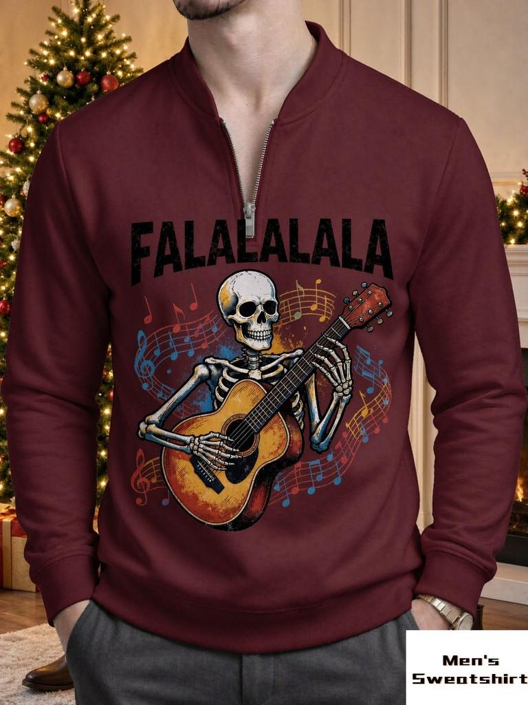 Men's skeleton guitar print long sleeved hoodie autumn men's clothing hoodie trendy and versatile style