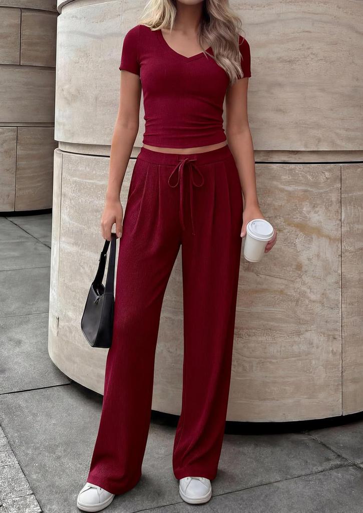 Women's Casual Fashion V-Neck Short-Sleeve Wide-Leg Pantsuit