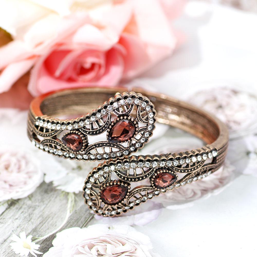 SUNSPICE-MS Champagne Crystal Women Vintage Cuff Bracelet Turkish Retro Gold Color Metal Spring Bracelet Ethnic Wedding Jewelry