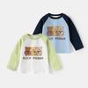 Long-Sleeved T-Shirt for Spring and Autumn, Boys and Girls Bear Print Top, Small and Medium-Sized Children's Raglan Sleeve Color-Blocked Base Shirt