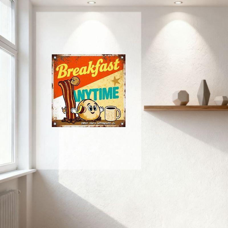 Retro Breakfast Metal Tin Sign - Rusty Weathered Border, Cartoon Toast Character with Bacon & Coffee Mug, 'ANYTIME' Yellow Blue