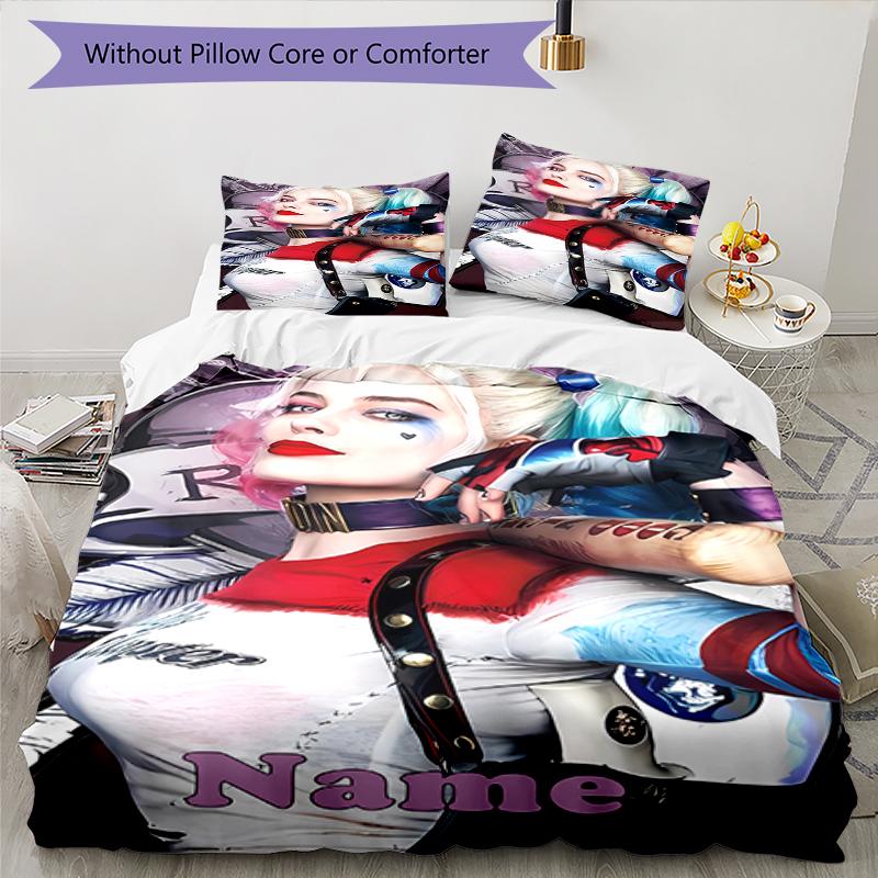 3pcs Custom Name Harley Quinn Bedding Set Duvet Cover Closure Includes 1 Duvet Cover & 2 Pillowcases, Soft and Comfortable for All Seasons.