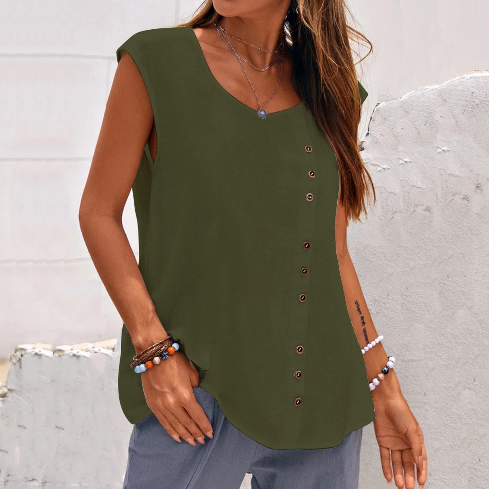

Женская модная однотонная рубашка-жилет с круглым вырезом из чистого хлопка и льна XXL армия зеленый