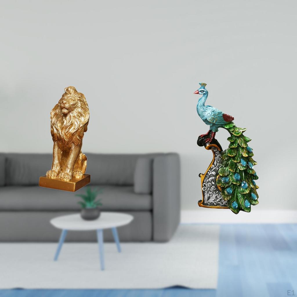 Lion Peacock Sculpture Statue Collectible Tabletop Ornament Art Figurine Decorative Animal