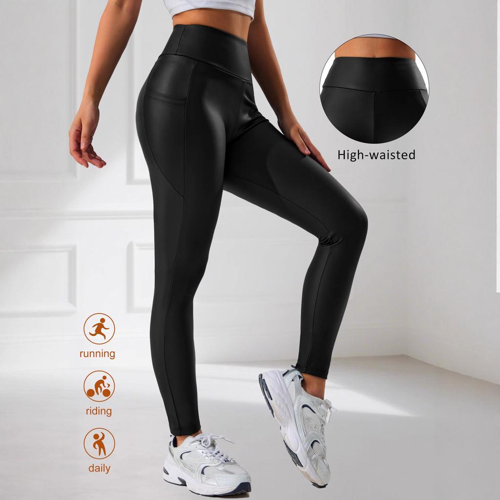 PU Lederhose High-waisted Tasche Yogahose Sport Fitness Laufleggings Nachtclub