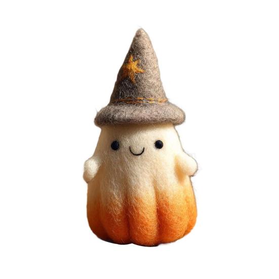Handmade Felt Halloween Ghost Pumpkin with Wizard Hat Wool Felted Ghost Ornament for Halloween Home Shelf Desk Decor