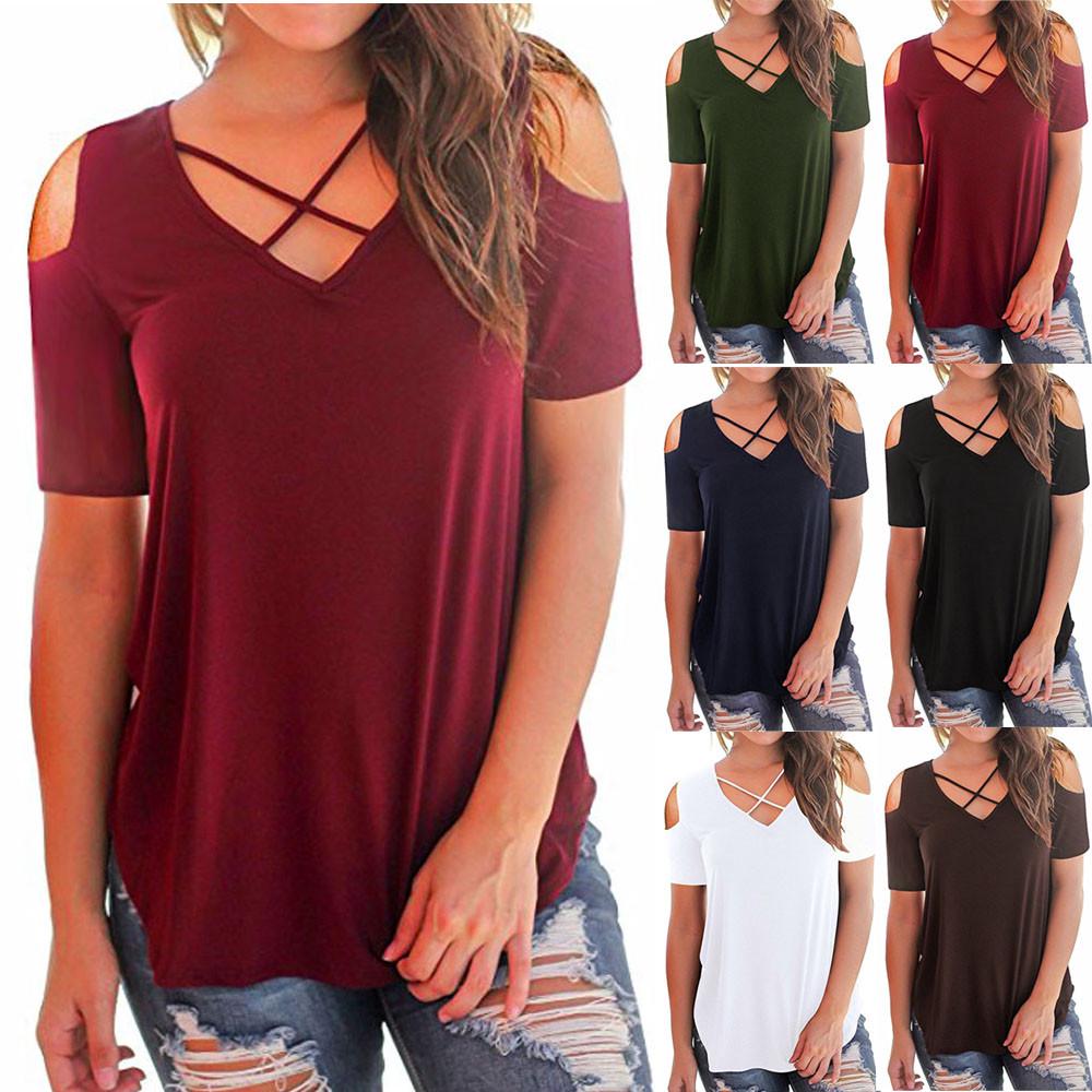 QIQIU Womens Short Sleeve Tie Knot Front Shirt Fashion Ladies Summer O-Neck Blouses Solid Casual Loose Tops