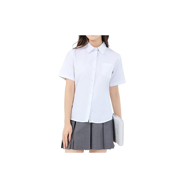 [Sharphon] Women's School Shirt, Short Sleeve, Pointed Collar, Plain Cotton Shirt, Top with Pocket