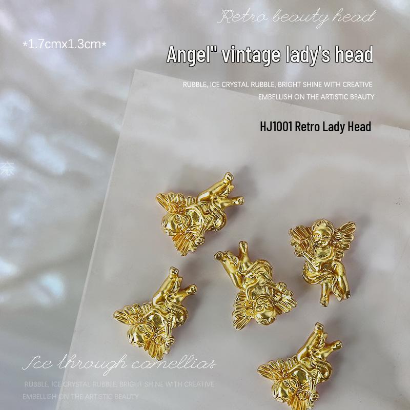 Baroque Angel Relief 3D Nail Art Decorations - Vintage White Metal, 5 Pieces