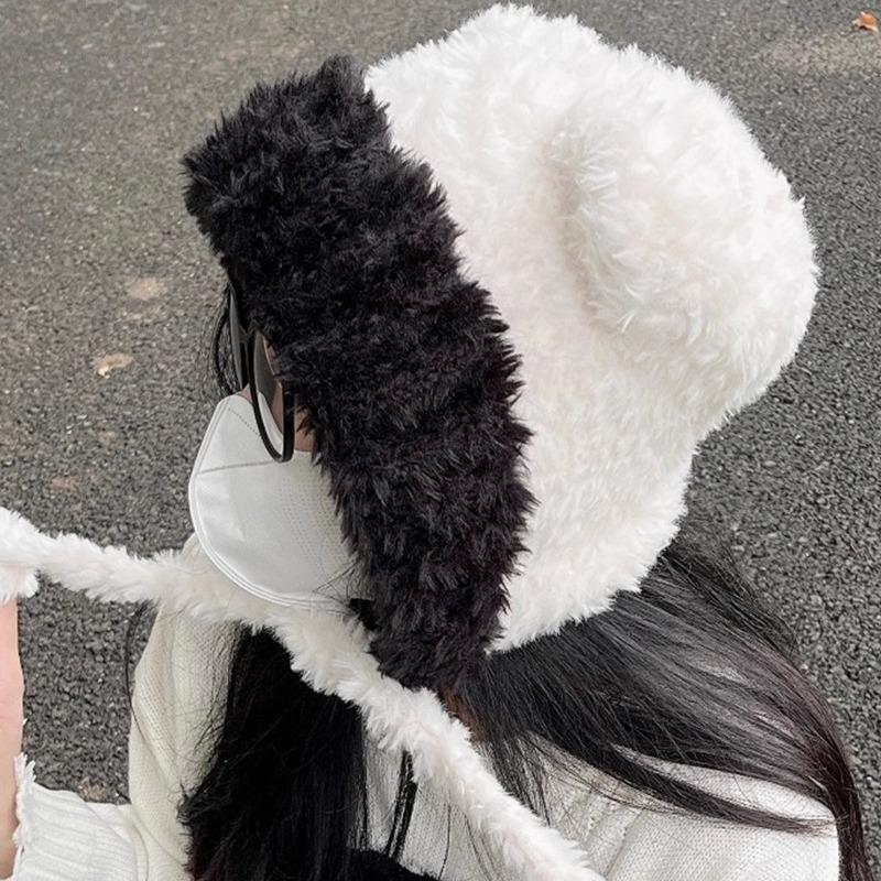 Contrast Color Bear Ear Hat Women's Winter Versatile Plush Hat Thickened Warm Cycling Tide