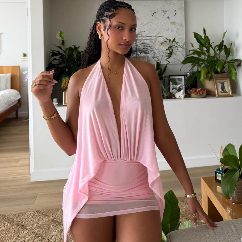 

2026 Spring European & American Style Women s Deep V Halter Mesh Backless Bodycon Dress Small розовый