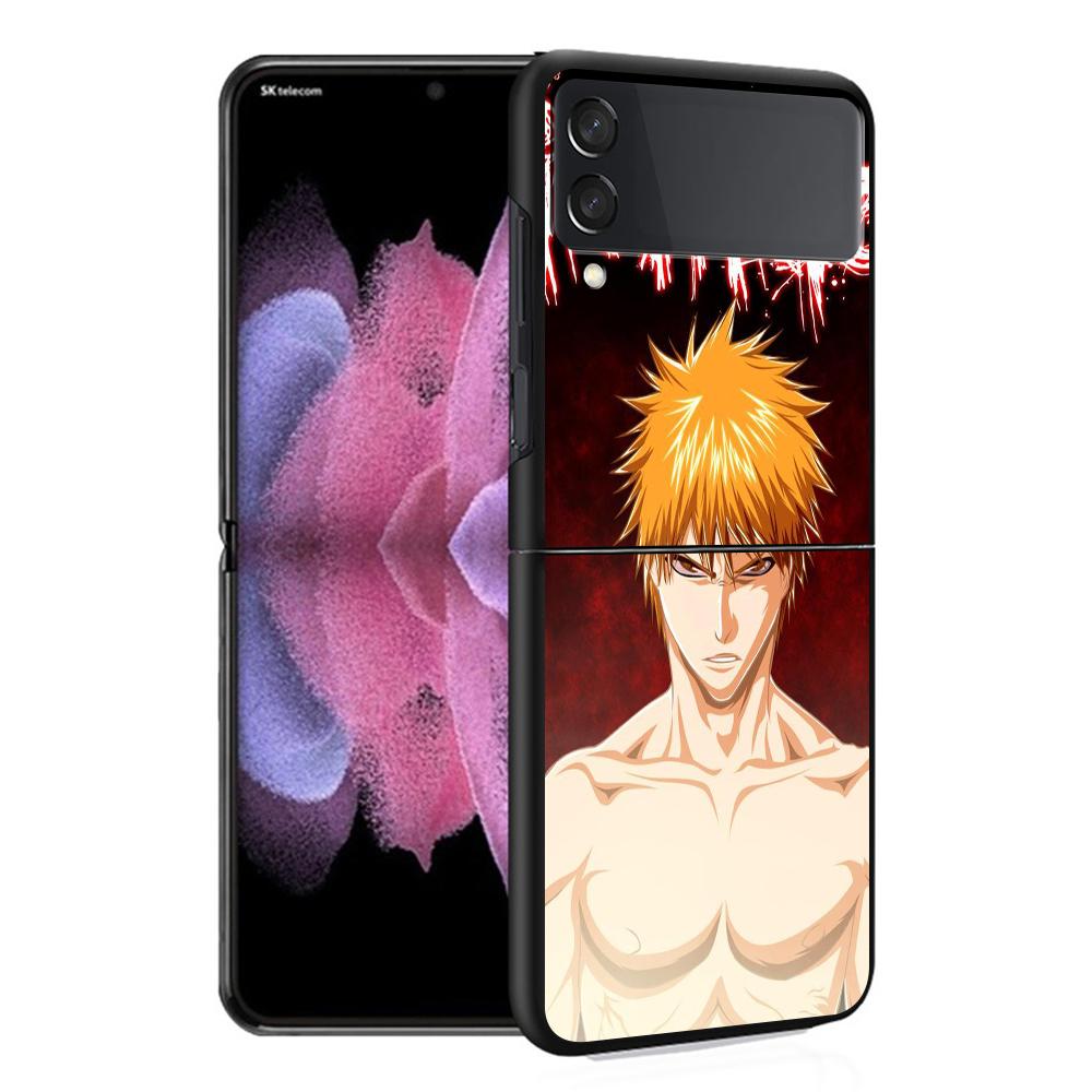 Luxury Case For Samsung Galaxy Z Flip 4 3 5G Black PC Hard Phone Cases Fashion Back Cover ZFlip Funda Kurosaki Ichigo Bleach Sac