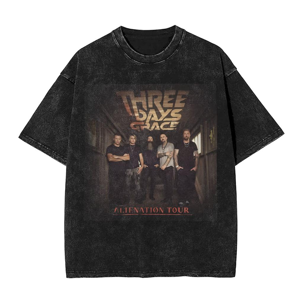 Three Days Grace Alienation Tour  Outfit Washed T Shirts Unisex Women Streetwear Hip Hop TShirts Printed Shirt Short Sleeve
