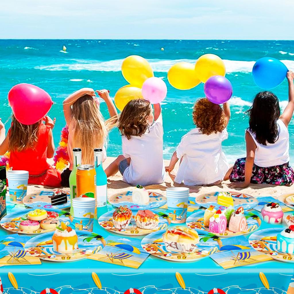 141pcs Beach Party Supplies, Beach Plates And Napkins Party Supplies Includ Beach Theme Paper Plates Cups Napkins & Summer Beach Table Cloth etc