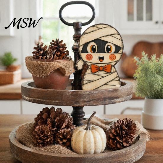 Reusable Wood Holiday Ornaments Halloween Tiered Tray Decorations, Wooden Tabletop Ornaments, Vintage Centerpiece Cute Ghost And Pumpkin Figures