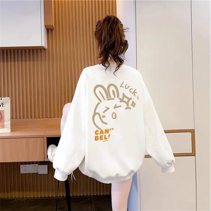 Foreign style age-reducing crew neck sweater for women's Japanese lazy style loose velvet large size cartoon printing