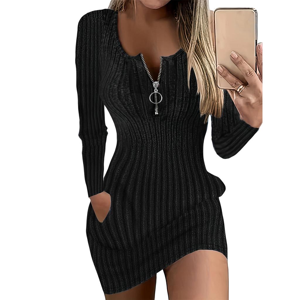 Ladies' Loose And Comfortable Round Neck Fashionable Chest Zipper Pocket Long Sleeved Dress
