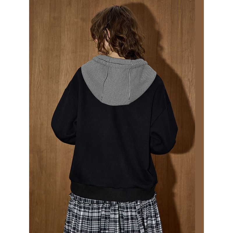 Coolhut2025 Autum American Style Women's Preppy Style Hooded Black Casual Sports Jacket