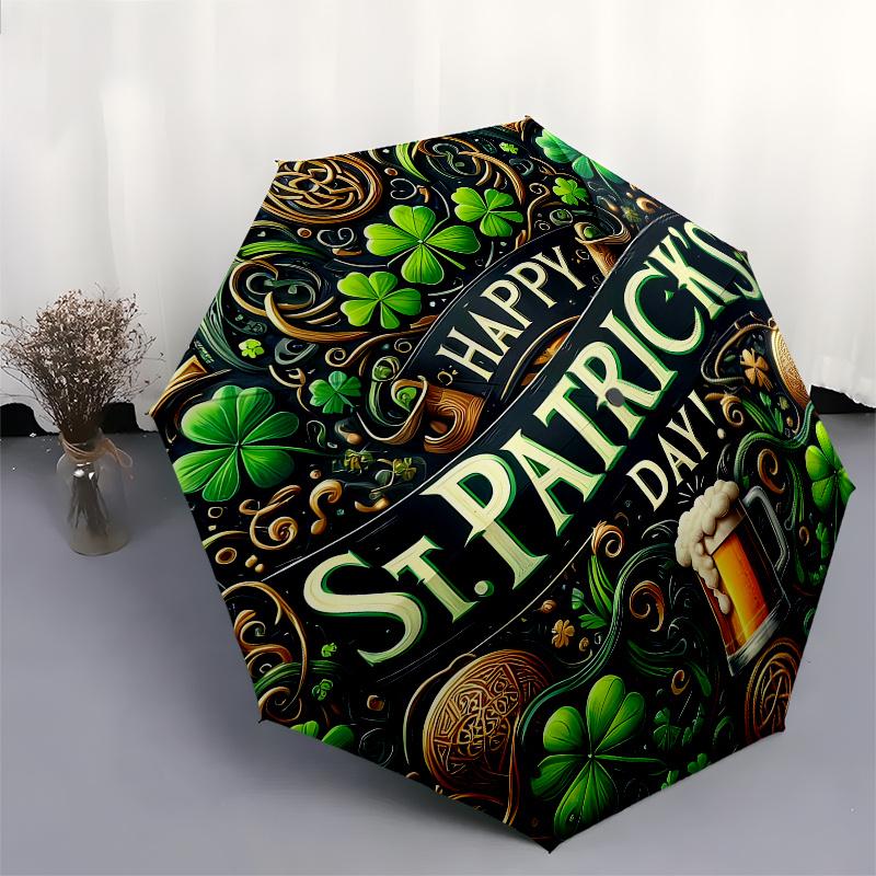 St. Patrick's Day Celebration Mug with Clover and Beer Design Umbrella, Cute Umbrella with Cute Design, Portable 3-Fold Compact Umbrella for Men & Wom