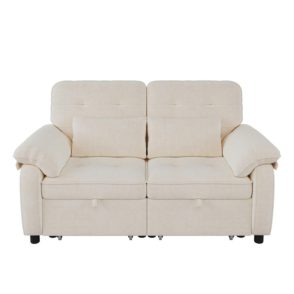 3-in-1 Double Sofa Bed with Adjustable Backrest and Bed Function, Convertible Sofa with USB Charging Port, Chenille Fabric, Beige, Incl. 2 Cushions