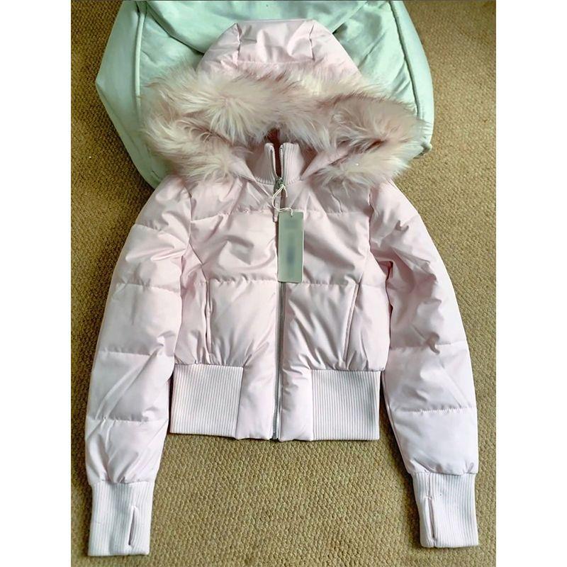 Gentle Wind Pink Fur Collar Hooded Cotton Coat for Women Winter Korean Style Thickened and Warm Short Waisted Cotton