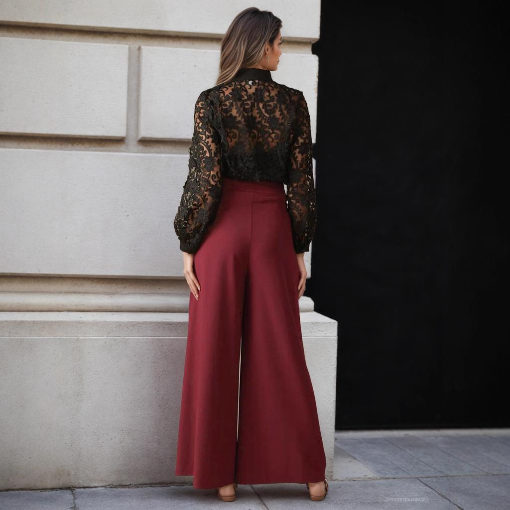 European and American fashion solid color high waist fold waist thin design waist culottes cover meat modified leg wide leg pants