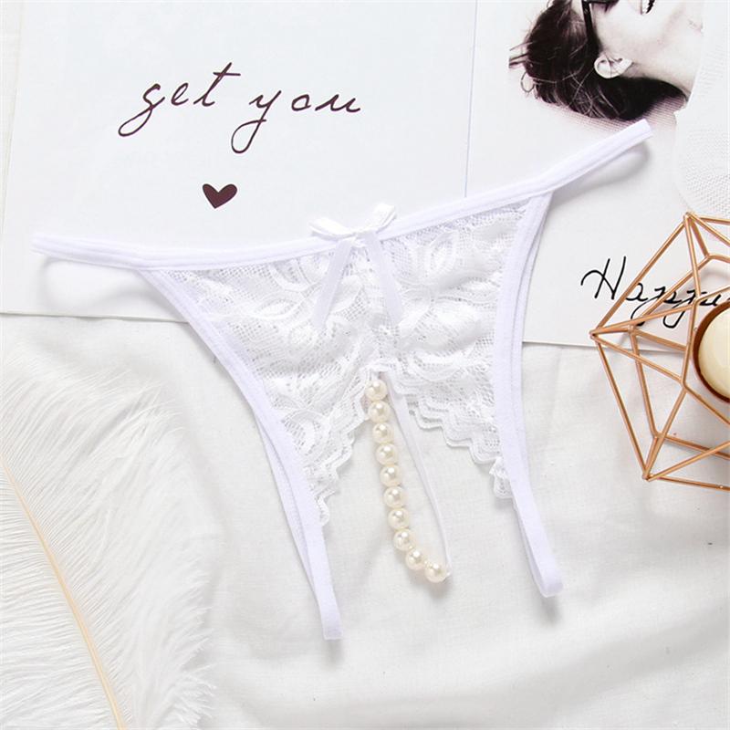 M - XL Plus Size Lace Panties Women Sexy Transparent Underwear Pearl Massage Culotte Femme Open Crotch Thongs G-strings For Sex