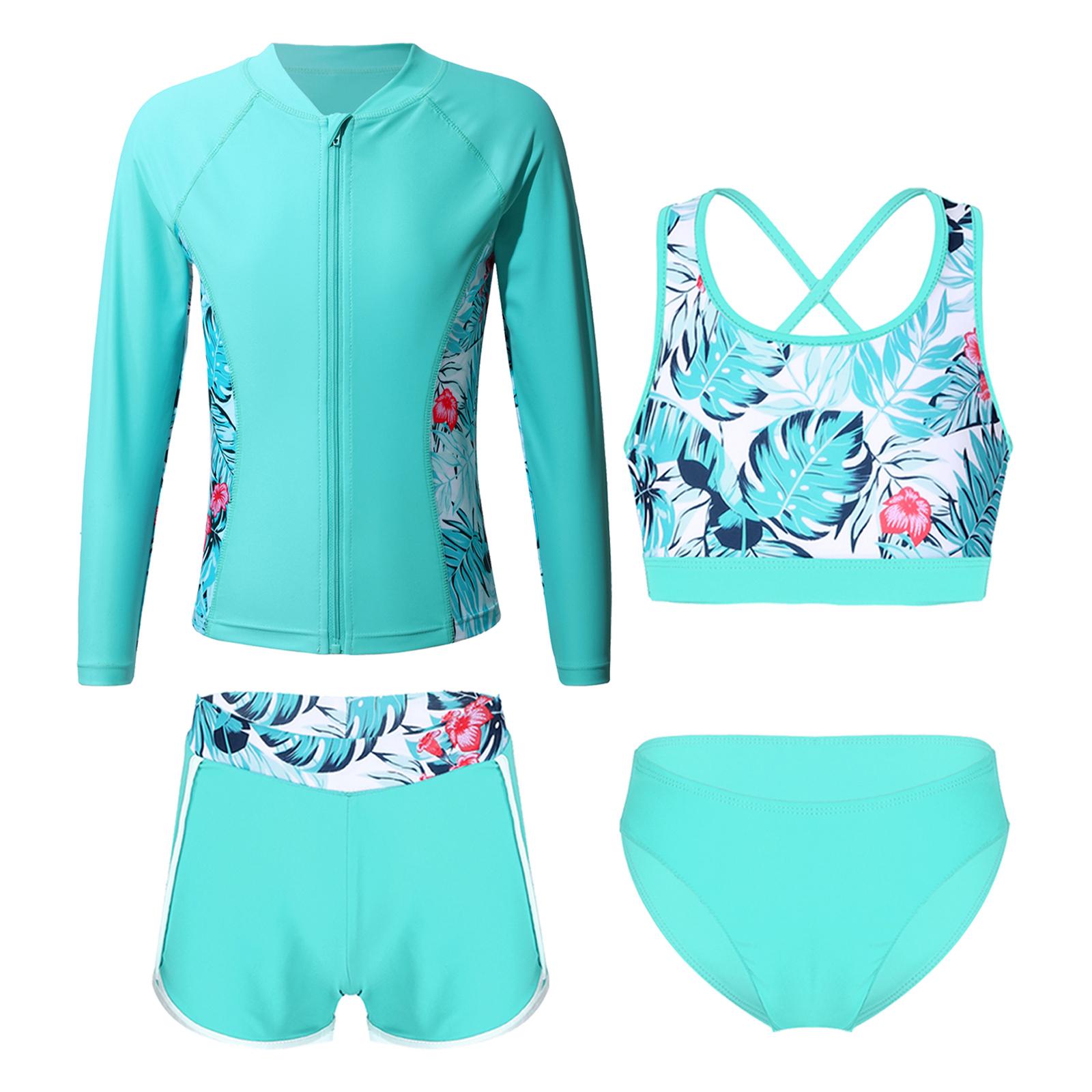 

Набор для плавания из 4 предметов для девочек Верхняя одежда с длинным рукавом и молнией Кроп-топ на бретельках Плавки-шорты Защита от солнца 7-8 Years светло-зеленый