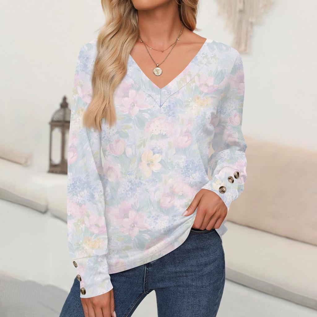 Damen Tops Blumendruck Langarmshirt V-Ausschnitt Casual Loose Tee Herbstkleidung