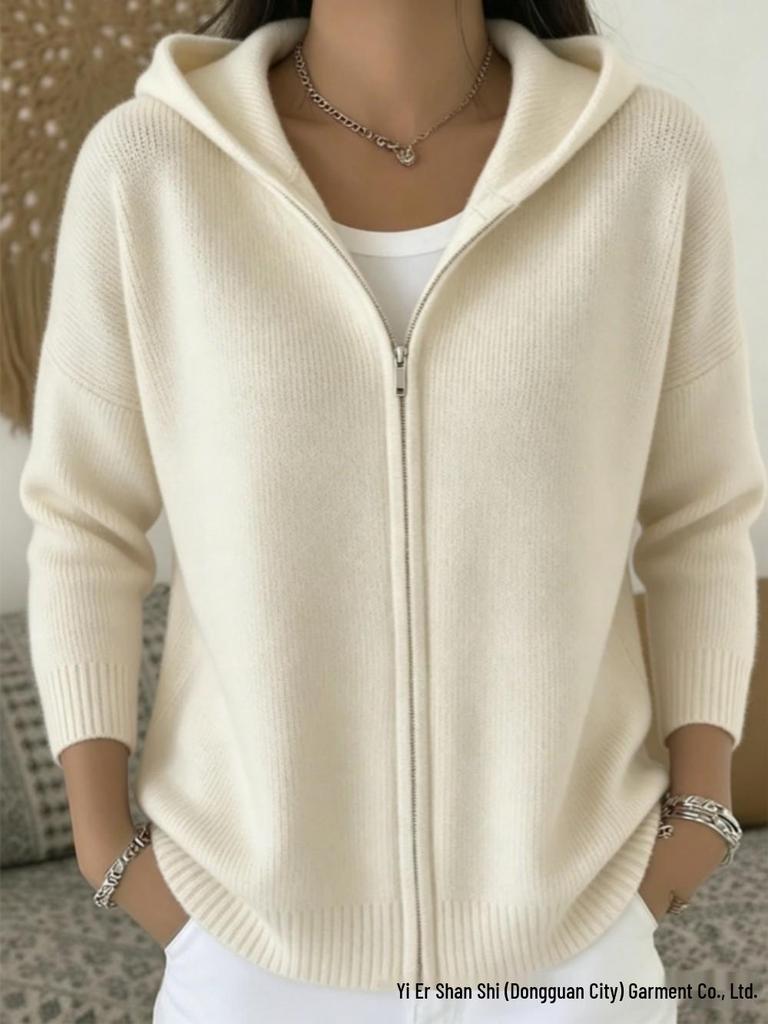 Autumn 2026 Hooded Zipper Knit Cardigan - European & American Style, Women's Loose Solid Color Long Sleeve Sweater